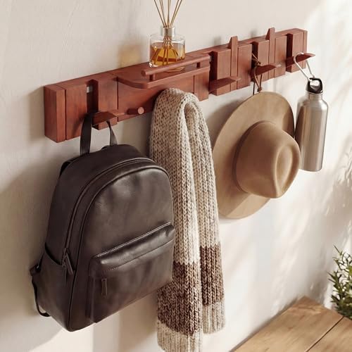 Mid Century Modern Wood Coat Rack Wall Mount with Shelf, 9 Hooks, Walnut - Image 4