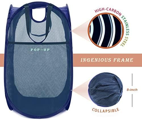 HOUSE AGAIN 2Pack Strong Mesh Pop Up Laundry Hamper, 70L Collapsible Laundry Basket with Steel Frame, Double‑Stitched Handles & Side Pocket, Foldable Dirty Clothes Hamper for Dorm, Bedroom, Blue - Image 3