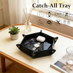 boshiho Valet Tray for Men, Leather Jewelry Catchall Key Phone Coin Box Change Caddy Bedside Storage Box (Jet Black) - Image 3