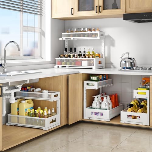 2 Pack 17IN Depth Under Sink Storage Organizer, Large 2-Tier Elegant Mesh Pull Out Shelf for Kitchen and Bathroom Cabinet Organization, L-Shaped and Adjustable Height Design-White - Image 6