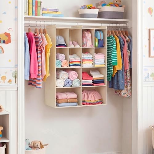 4 Tier Hanging Closet Organizer, 12 Compartments Dual Row Storage, Beige | Closet Organizers and Storage with Large & Small Cubbies, 3 Sturdy Hooks Support Heavy Loads, for Dorm, RV, Garment Rack - Image 2