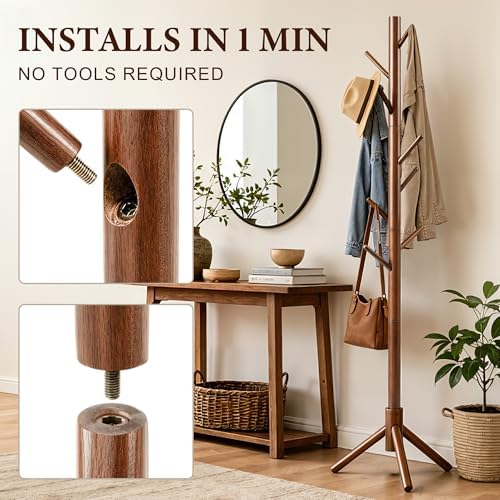 2 PC Wooden Coat Rack Freestanding with 8 Hooks & 3 Adjustable Sizes for Clothes, Space-Saving Design for Bedroom Office Entrance Holds Hats Coats Scarves Bags - Image 4