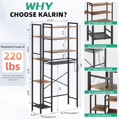 Kalrin 8-Tier Over The Toilet Storage with Side Rack, Over Toilet Storage Rack with Adjustable Shelf & Drain Basket, Freestanding Bathroom Organizer for Balcony, Laundry (Vintage Brown) - Image 2