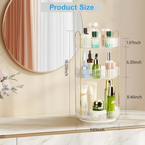 360 Rotating Makeup Organizer, 3 Tier Large Capacity Lazy Susan Bathroom Counter Organizer, Skincare Organizers, Spinning Perfume Organizer & Vanity Organizer Countertop (Golden Clear, 3 Tier) - Image 3