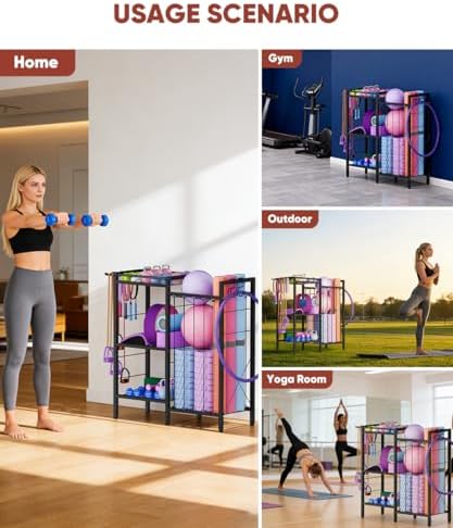 3 Tiers Dumbbells Yoga Mat Storage Rack with Elastic Straps for Kettlebells Foam Roller Resistance Bands Balls, Workout Equipment Organizer Weight Storage Holder with Hooks for Home Gym - Image 3