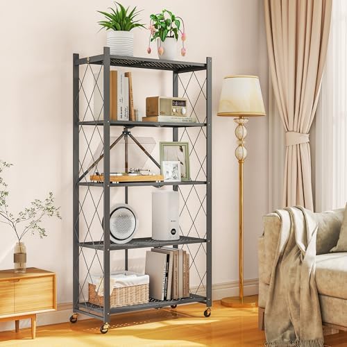 5-Tier Folding Metal Storage Rack - 63" Heavy-Duty Steel Frame with Wheels, No Assembly Utility Organizer, Rolling Shelving Unit for Kitchen, Garage, Pantry, Bedroom (Gray, 5 Tier) - Image 2
