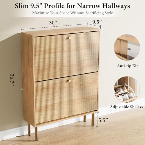 Shoe Storage Cabinet for Entryway - Ultra Slim Shoe Cabinet with Tiered Fluted Design - Modern Shoe Organizer for Entryway with Gold Legs, Hidden Shoe Rack for Small Spaces, Fits Men's Size 12+ - Image 2