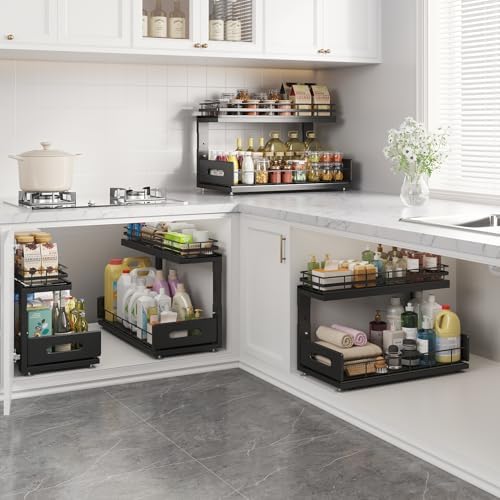 Under Sink Organizer Upgrade To Professional Rails,2-Tier Dual Pull Out Cabinet Storage,Height Adjustable Slide Out Drawers For Bathroom Kitchen,2 Pack-18.5"Dx12.8"-16.9"H,Black - Image 7