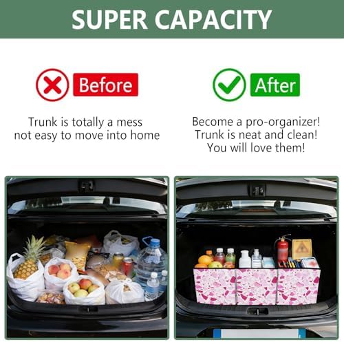 Trunk Organizer Collapsible Car Organizer with Handle Car Storage Box Bin for Groceries SUV Utility Tote Bag Portable Vehicle Container Pink Terrazzo - Image 4