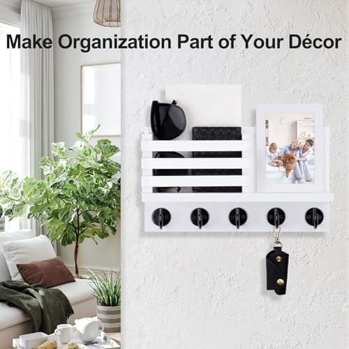 Lwenki Key Holder for Wall – Decorative Wooden Mail Holder and Key Shelf with Mounting Hardware, Installation Guide – Paulownia Wood with Metal Key Hooks (White, Large - 11.8inch) - Image 4