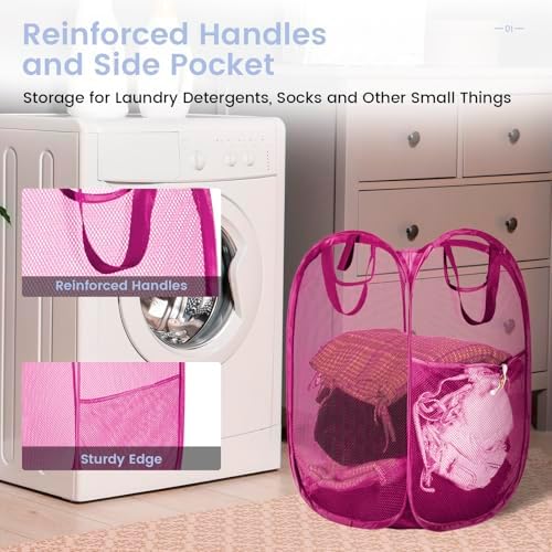 HOUSE AGAIN 2 Pcs Pop Up Laundry Hamper, Strong Mesh Laundry Baskets Collapsible, Hamper with Handles and Side Pocket, Portable Foldable Dirty Clothes for Dorm, Laundry room and Travel Storage, Pink - Image 5