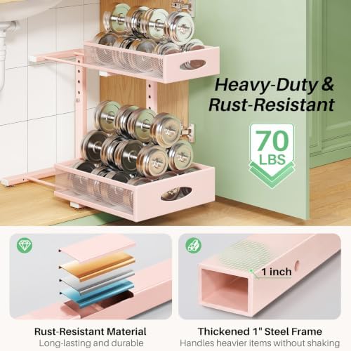 Under Sink Organizer, 2-Pack Pull Out Cabinet Organizer 2 Tier Metal Slide Out Storage Shelf Rack, L-Shaped Adjustable Height,Mesh Sliding Drawer for Kitchen, Bathroom, Laundry, Pantry, Pink, XL - Image 6