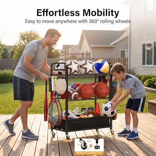 EXTCCT Ball Storage Rack with Wheels for Garage, Sports Equipment Organizer - Image 6