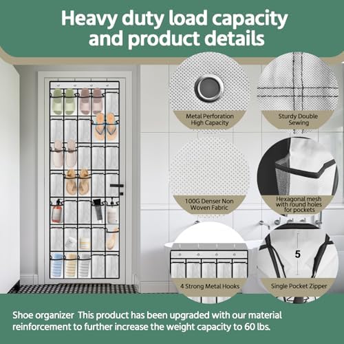 PAULONE 35 Pocket Over the Door Shoe Organizer,Reusable Breathable Large Mesh Bag Men's & Women's Sneaker Organizer,Shoe Organizer for Kids,Hanging Shoe Storage Hanging Bag (2PCS-White) - Image 3