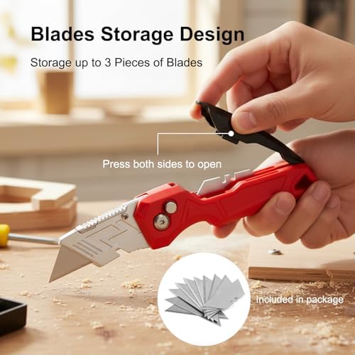 Box Cutter with Blade Storage Design, Heavy Duty Folding Utility Knife with 10 Extra Blades for Cardboard, Carton, Carpet Cutting, Anti-slip Handle, Quick Replace Blade - Image 4