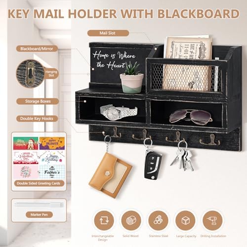Key Holder Wall Mount, Wooden Mail and Key Organizer, Black - Image 4