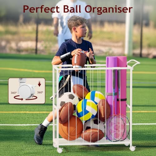 Homsorout Ball Storage Bin Rolling Sports Ball Cart, White - Image 6