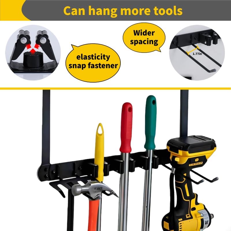 Broom Holder Door Mount,Door Mounted Broom and Mop Holder with Dual Tool Hooks, Three Slots, and One Tool Storage Basket For Laundry Room, Garage, Closet, warehouse, Kitchen Decor (black) - Image 4