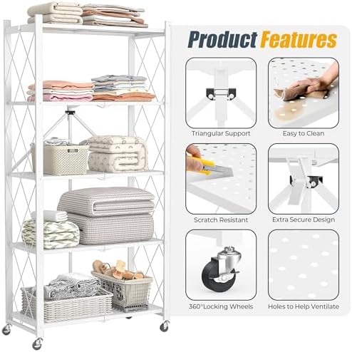 5-Tier Folding Metal Storage Rack - 63" Heavy-Duty Steel Frame with Wheels, No Assembly Utility Organizer, Rolling Shelving Unit for Kitchen, Garage, Pantry, Bedroom (White, 5 Tier) - Image 6