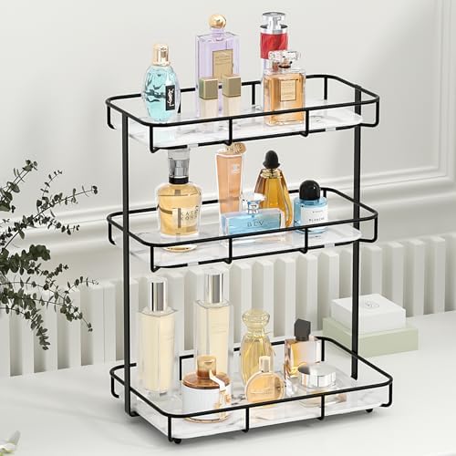 Bathroom Organizer Countertop Perfume Organizer Makeup Organizer Cosmetics Storage Display Rack Vanity Tray Dresser Stainless Steel Gold Shelf White Marble Ceramic Tray by Dobbyby