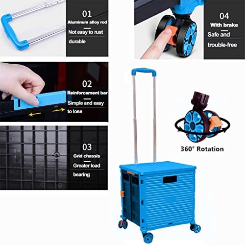 Foldable Utility Cart Folding Portable Rolling Crate Handcart Shopping Trolley Wheel Box with Lid Wear-Resistant Noiseless 360°Rotate Wheel for Travel Shopping Moving Storage Office Use (Sky Blue) - Image 5