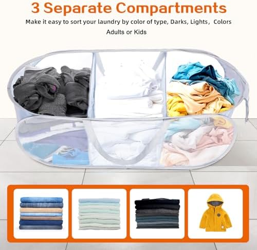 Durable Collapsible Foldable Mesh Pop Up Laundry Basket, 3 Compartments Easy to Carry & Sort Clothes Hampers for Home, Dorm, Travel White - Image 3