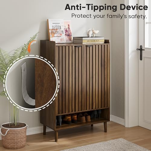 Smuxee Walnut Shoe Cabinet with Fluted Doors, 6-Tier Shoe Storage Cabinet with Adjustable Shelves, Freestanding Shoe Organizer Cabinet for Entryway, Hallway, Closet, Living Room - Image 6
