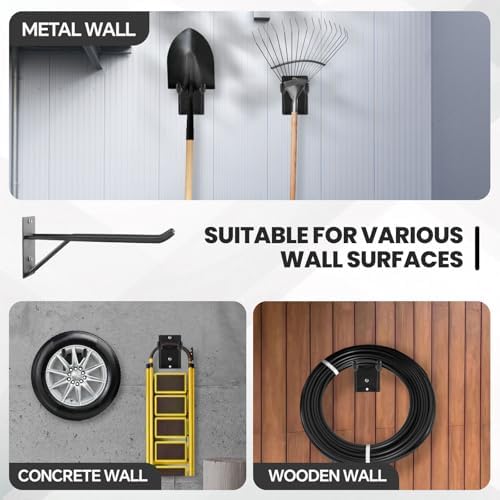 14" Large Heavy Duty Garage Hooks, 2-Pack Steel Garage Storage Hooks with Support Rods, Utility Wall Mount Hangers for Power Tools, Car Tires, Ladders, Chairs, Garden Tools and More - Image 5