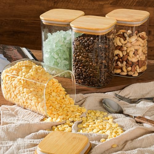 D2scrma 37oz Airtight Glass Square Storage Canister with Bamboo Lid Set of 4 (1100ml) Container Stackable Jar, Kitchen Canister for Pantry Noodles, Flour and Coffee beans (‎with Black Lable) - Image 6