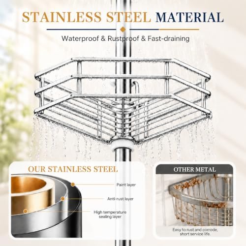 SEIRIONE Corner Shower Caddy Tension Pole, Quick Setup, Rust-Free Bathroom Shower Organizer Corner for Bathtub Shampoo Storage, 4-Tier Adjustable Shelf, Drill Free, Fits 34 to 116 Inch Height, Silver - Image 3