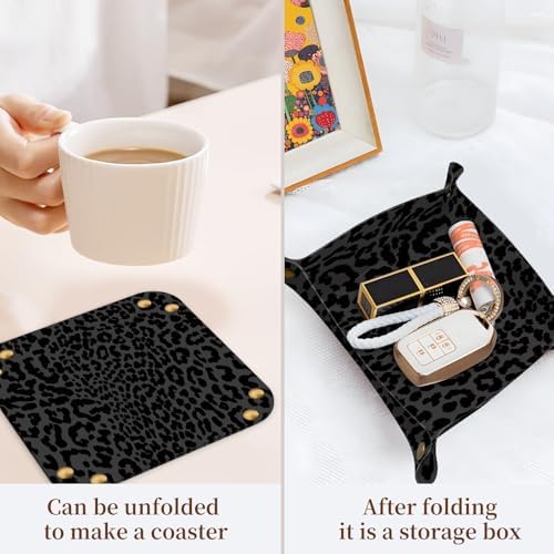 PU Leather Jewelry Valet Tray, Portable Catchall Tray for Keys, Wallet, Watch,Travel Jewelry Tray Organizer for Nightstand Desk Entryway Home Decor Gift for Women Men Black Leopard Print - Image 3