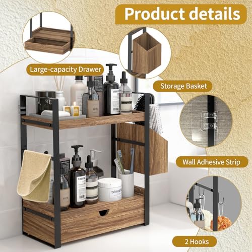 2-Tired Bathroom Counter Organizers and Storage, Bathroom Countertop Organizer with Drawer, Solid Wood Skincare Perfume Organizer for Vanity Kitchen Corner Shelf Office Countertop (Drak Brown) - Image 4
