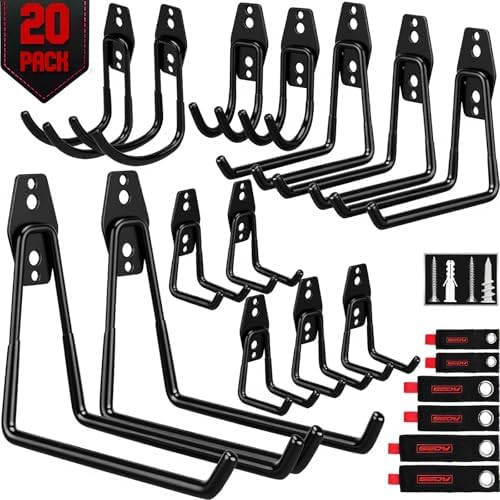20 Pack Heavy Duty Garage Storage Hooks with Extension Cord Organizer, Solid Steel Wall Mount Hook Set with Anti-Slip Coating Utility J Hooks for Ladders,Bikes,Ropes,Broom,Garden,Yard and Power Tools by SEDY
