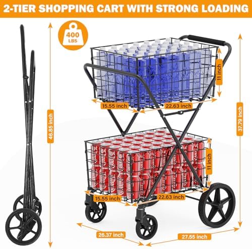 2-Tier Collapsible 400Lbs Heavy Duty Shopping Cart for Groceries - Image 2