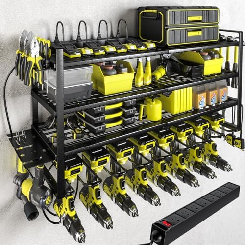 KAFAHOM Power Tool Organizer with Charging Station.Garage 8 Drill Holder Built in 8 Outlets Power Strip,Tool Storage Shelf Wall Mount,Tool Battery Organizer with Screwdriver/Hammer/Air Tool Rack by KAFAHOM