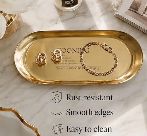 Gooning Catchall Tray Stainless Steel Oval Gold 7x3 Inch Vanity Tray Rust Resistant Stackable Modern Polished for Jewelry Keys and Vanity Organizer, Set of 2 - Image 3