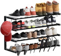 Wall Mounted Shoe Rack, 4 Tier Hanging Shoe Rack Holds 16 Pairs, 17"-30" Adjustable Heavy Duty Wall Shoe Shelf with 2 Storage Hooks, Space Saving for Closet Entryway, Black by HomeOrganizerandStorage