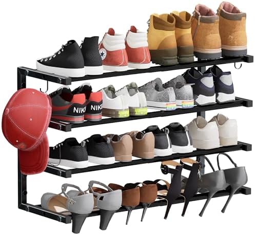 Wall Mounted Shoe Rack, 4 Tier Hanging Shoe Rack Holds 16 Pairs, 17"-30" Adjustable Heavy Duty Wall Shoe Shelf with 2 Storage Hooks, Space Saving for Closet Entryway, Black by HomeOrganizerandStorage