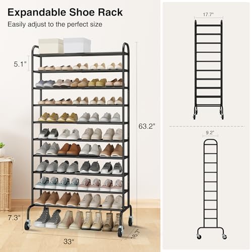 STO STO Expandable Shoe Rack, 10-Tier Metal Tall Shoe Rack for Garage, Up to 44 Pairs Adjustable Shoe Rack Storage for Front Door Entrance, Free Standing Shoe Rack Organizer for Entryway, Black - Image 3