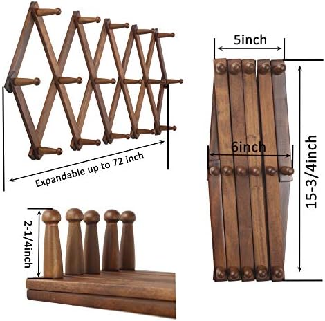 WEBI Accordion Wall Hanger, Wooden Coat Rack Wall Mounted, Hat & Cap Hook Rack, 16 Peg Hooks, Walnut Color - Image 2