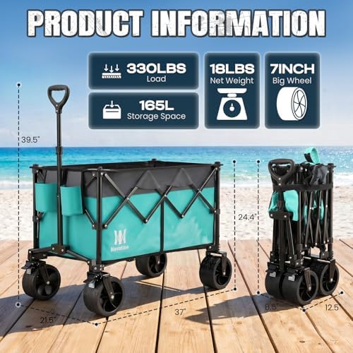 Navatiee 330Lbs Collapsible Folding Wagon, Beach Wagon Cart Heavy Duty Foldable with Big Wheels, Utility Grocery Wagon with 165L Large Capacity for Camping Garden Sports, Light Blue - Image 6