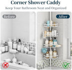 Consumest Shower Caddy Tension Pole - 4 Tier Corner Shower Shelves with Brush & Soap Holder, 304 Stainless Steel Rustproof Adjustable Organizer Rack for Bathtub, Bathroom, 27.6-108.3 Inch, White - Image 2