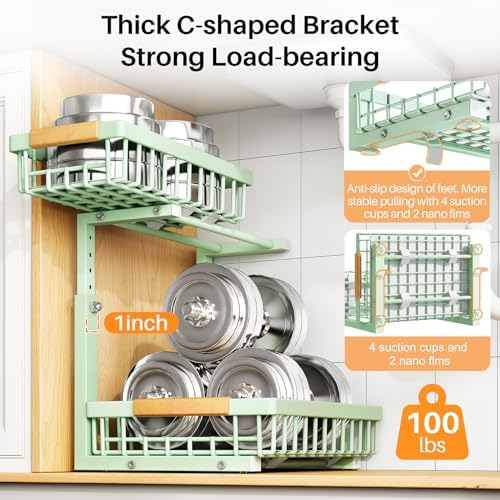 PXRACK Under Sink Organizer, Adjustable Height, 2 Tier Pull Out Under Cabinet Organizer, Slide Out Thickened Metal Under Sink Storage for Kitchen Bathroom Laundry Pantry Cabinet, Green, Large-2-Pack - Image 6