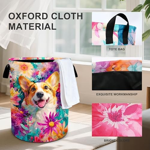 Dog Flower Laundry Basket Storage Bin Foldable Laundry Hamper Clothes Storage Bucket Organizer 19.6x15.7 Inch For Laundry Room/Bedroom/Bathroom - Image 3