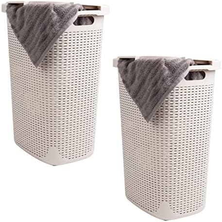 Mind Reader Tall Tapered Laundry Hamper with Lid, 60L Clothes Basket, Narrow Base Design for Bathrooms, Closets and Laundry Rooms, Plastic, 2 Pack, Ivory by MindReader