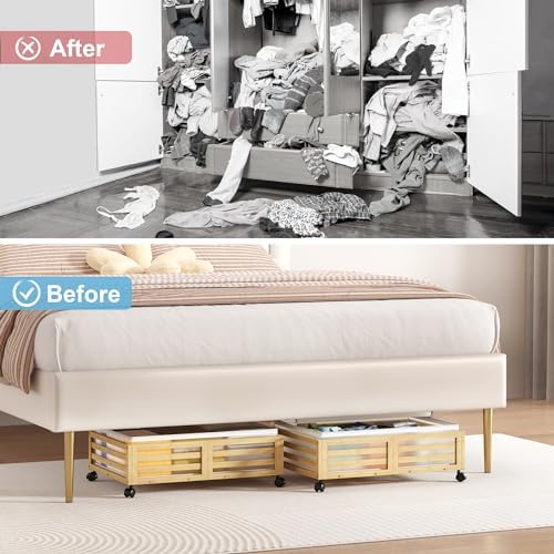 Under Bed Storage with Wheels, 2 Pack Bamboo Drawers for Shoes and Clothes - Image 4