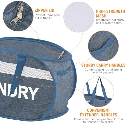 Collapsible Laundry Baskets with Lid, Foldable Clothes Hamper with Reinforced Handles, Sturdy Pop Up Hampers for Laundry, Tear Proof & Easy to Carry Laundry Hamper for Home, Dorm, Travel Blue - Image 4