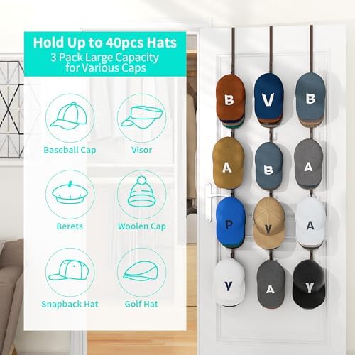 HapiRm Over Door Hat Rack - 3 Packs Hat Organizer with 12 Hooks Design, Hanging Baseball Cap Organizer Storage Holds Up to 60 Caps for Door, Bedroom, Closet (Brown) - Image 2