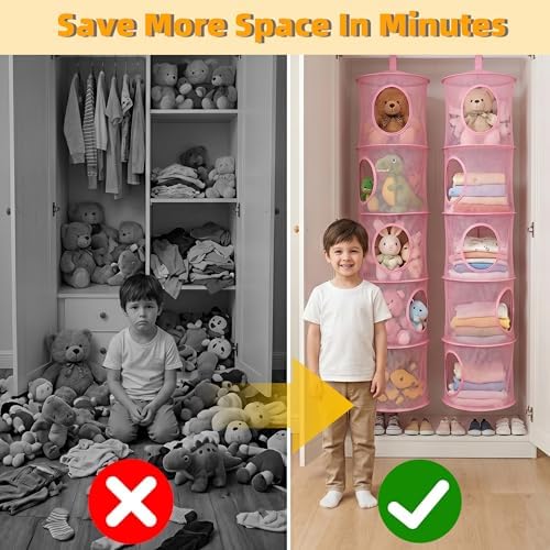 2Pcs Hanging Stuffed Animal Storage Hammock Net 5 Tiers, Pink - Image 6