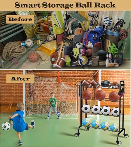 Basketball Racks Holder for Balls with Wheels, Rolling Metal Sports Equipment Storage Stand Organizer with Baskets and Hooks for Basketballs Footballs Volleyball, Black - Image 6
